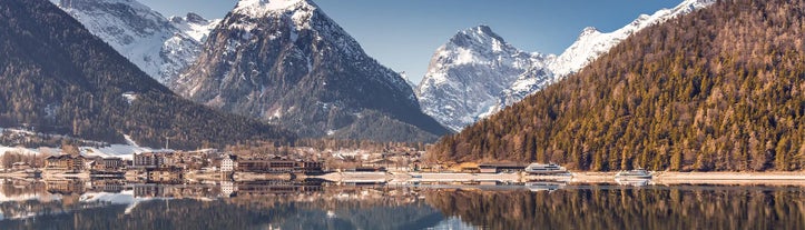 Photo of aerial view of beautiful landscape at the Achensee lake in Austria.