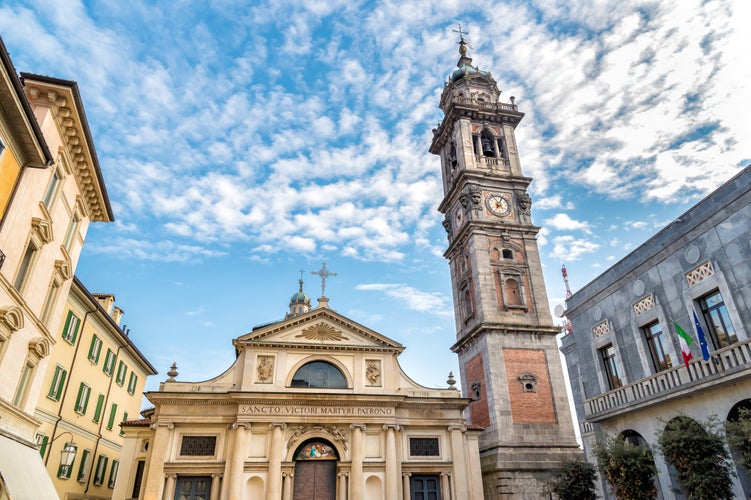 Photo of Romanesque Basilica of San Vittore church Bell tower of Bernascone in Varese, Italy.