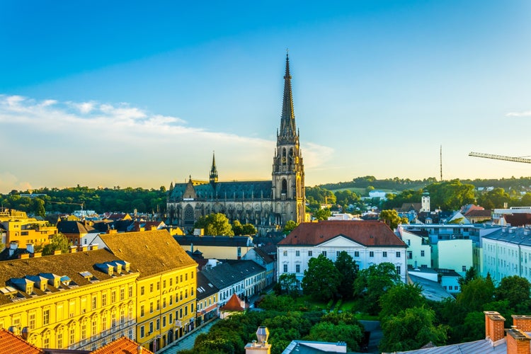 Photo of Linz cityscape with new cathedral, Austria.