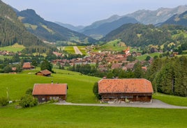 photo of an aerial view of Gstaad in winter. Village and holiday resort in the Swiss Alps.