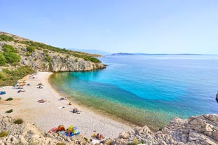 Photo of panoramic aerial view of Baska town, Krk, Croatia.