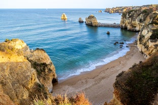 Photo of panoramic aerial view of Praia da Luz in municipality of Luz in Algarve, Portugal.