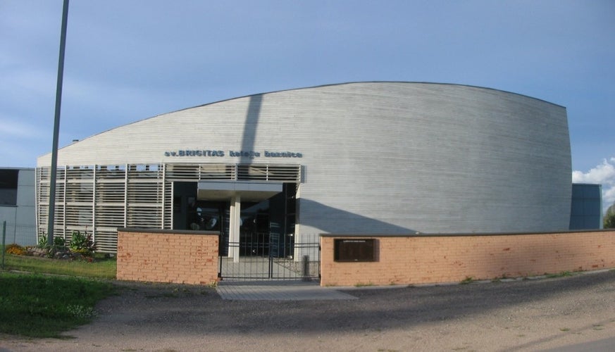 photo of view of Saint Bridget Roman Catholic church in Grobiņa, Latvia.