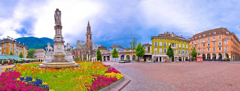 photo of view of Bolzano main square Waltherplatz panoramic view, South Tyrol region of Italy.