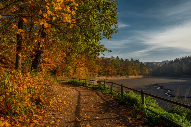 Harcov dam in Liberec city in autumn color fresh mornig first time empty in history of town