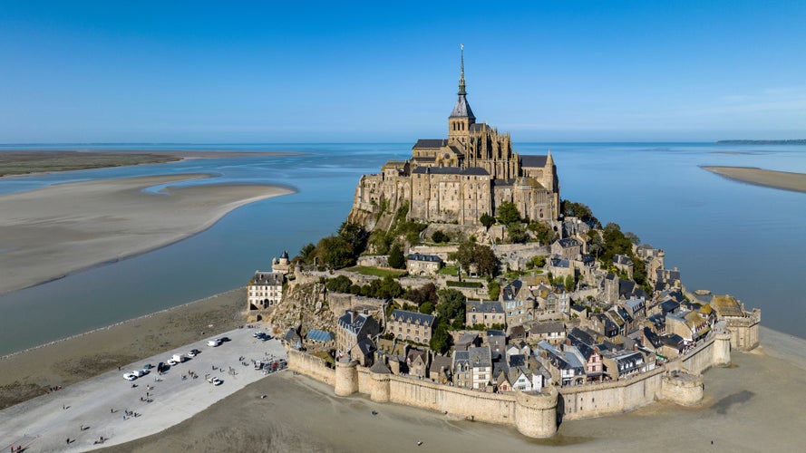 Photo of Aerial view, France, Normandy, Salt marshes, Mont-Saint-Michel monastery and abbey, Le Mont-Saint-Michel.