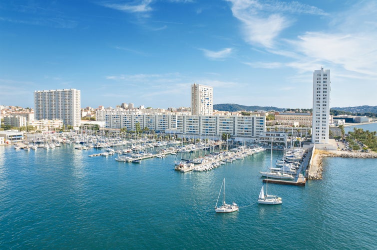 Photo of aerial view of Toulon harbor, France.