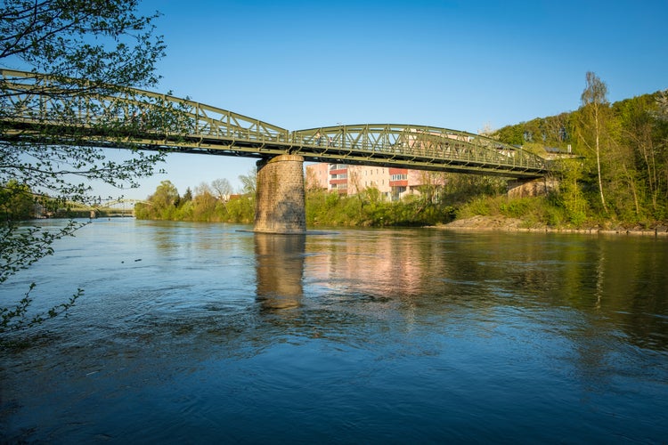 photo of view of metal train bridge over river traun, Wels, Oberoesterreich, Austria