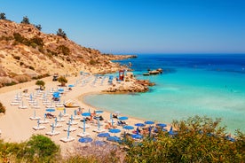 Photo of panoramic aerial view of Kalamis beach and bay in the city of Protaras, Cyprus.