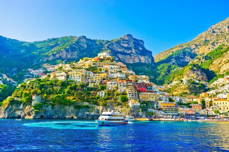 View of Positano village on a sunny day along Amalfi Coast in Italy.