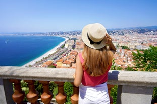 Photo of aerial cityscape view on French riviera with yachts in Cannes city, France.