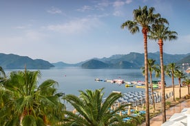 Photo of Marmaris marina with yachts aerial panoramic view in Turkey.