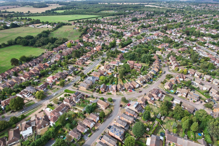 Photo of Beautiful High Angle View of St Albans Town Centre of England, Great Britain UK. Residential and downtown buildings image captured on 07th Sep 2022. Drone's point of view.