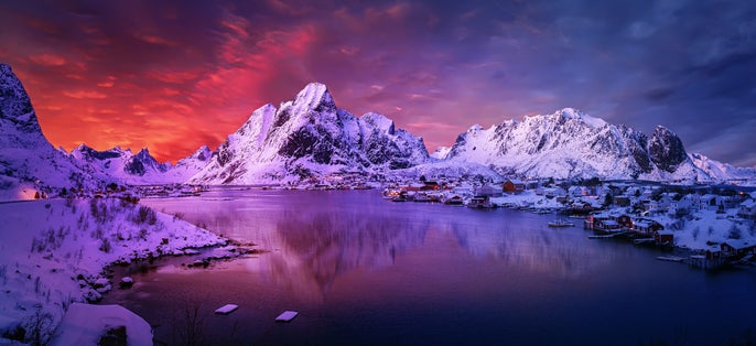 Magical evening in Lofoten. North fjords with mountains landscape. scenic photo of winter mountains and vivid colorful sky. stunning natural background. Picturesque Scenery of Lofoten islands. Norway