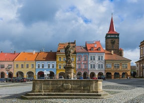 Photo of aerial view on Mikulov town in Czech Republic with Castle and bell tower of Saint Wenceslas Church.