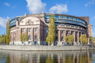 Photo of Motala stream in Norrkoping during fall, that is a historic industrial town in Sweden.