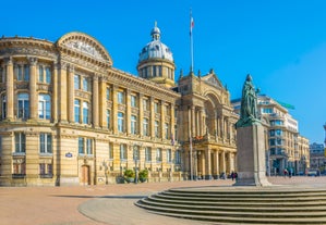 Aerial drone view of Manchester city in UK on a beautiful sunny day.