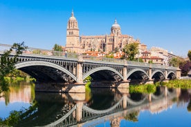 Photo of aerial view of Bilbao, Spain city downtown with a Nevion River, Zubizuri Bridge and promenade. Mountain at the background, with clear blue sky.