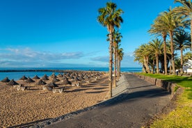 photo of aerial view of the beach and lagoon of Los Cristianos resort on Tenerife, Canary Islands, Spain.