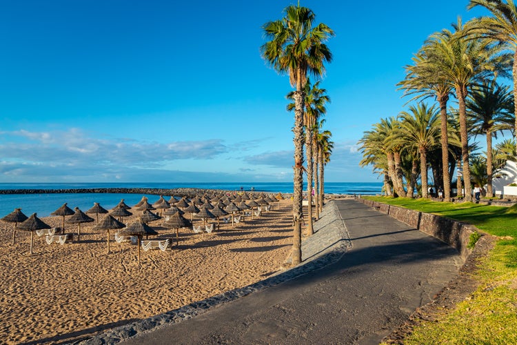 Photo of beautiful beach in the tourist resort Playa de las Americas, Tenerife island, Canary Islands, Spain.