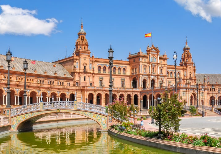 Photo of architecture and canals of Spain square, Seville, Spain.