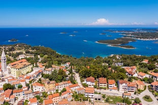 Photo of aerial view to the town of Porec in Istria, Croatia on Adriatic coast.