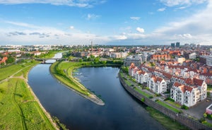 Photo of aerial view of Torun old town with Vistula river, Poland.