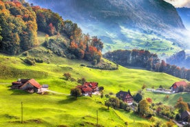 Photo of aerial View of the Settlement Ennetbürgen (Ennetburgen or Ennetbuergen), Buochs and Mountain Buochserhorn ,Canton of Nidwalden, Switzerland.