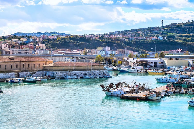 Photo of The harbor of Ancona with the rows of the boats docked and city view.