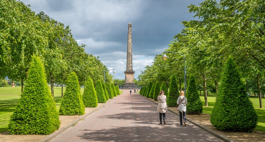 Photo of path leading to Nelson's Monument in Glasgow Green, Scotland.