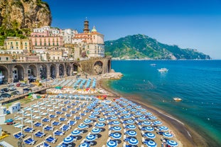 Photo of aerial morning view of Amalfi cityscape on coast line of Mediterranean sea, Italy.