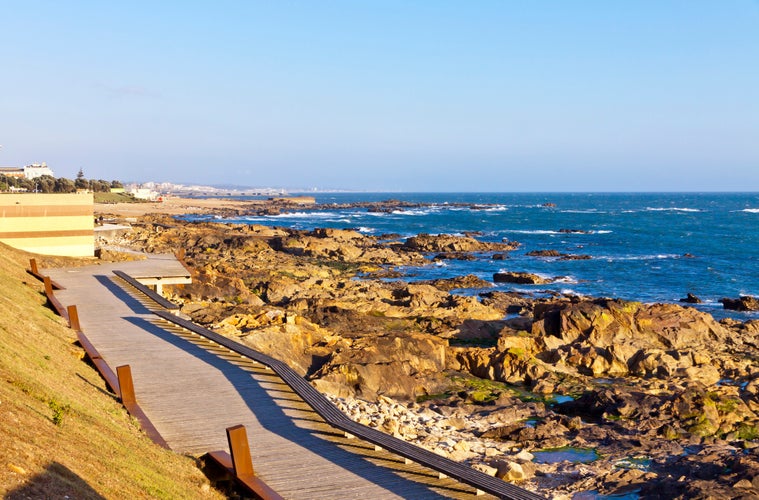 Picturesque Rocky beach of Atlantic Ocean in Matosinhos, City of Porto, Portugal