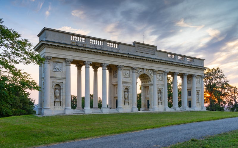 Colonnade Reistna, romantic classicist gloriette, The Lednice Valtice cultural landscape area, UNESCO heritage site in summer sunny day, Moravia, Czech Republic