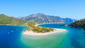 Photo of aerial view of Oludeniz Bay view in Fethiye Town, Turkey.