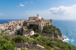 Photo of aerial view of beautiful coastal landscape with old town of Gaeta, Italy.