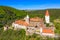 Photo of aerial view of castle Krivoklat in Czech republic.