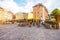 photo of dome square with cafes and restaurants in the old town center in Riga, Latvia.