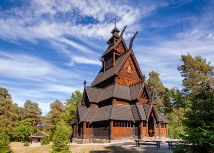 Photo of Reconstructed wooden Gol Stave Church (Gol Stavkyrkje) in Norwegian Museum of Cultural History at Bygdoy peninsula in Oslo, Norway.