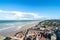 Photo of aerial view of Cromer town with beach view from the rooftop of the Cromer Palish Church, UK.