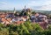 Photo of aerial view on Mikulov town in Czech Republic with Castle and bell tower of Saint Wenceslas Church.