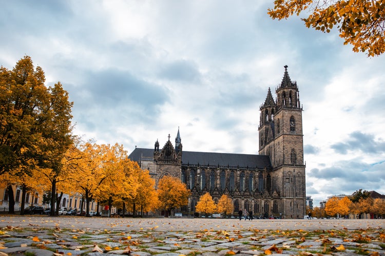 Scenic view of old ancient Magdeburger Dom cathedral at Dom square in Magdeburg old city center in bright orange autumn trees foliage in cloudy rainy day. Germany tourism and travel destiantion