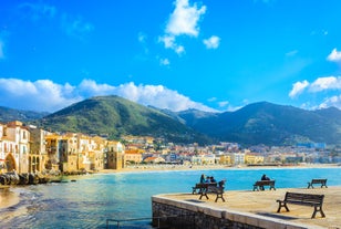 Photo of view of Cefalu and Promontorio de Torre Caldura seen from Norman Castle, La Rocca park, Italy.