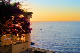 Photo of aerial morning view of Amalfi cityscape on coast line of Mediterranean sea, Italy.