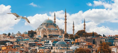 Touristic sightseeing ships in Golden Horn bay of Istanbul and mosque with Sultanahmet district against blue sky and clouds. Istanbul, Turkey during sunny summer day.