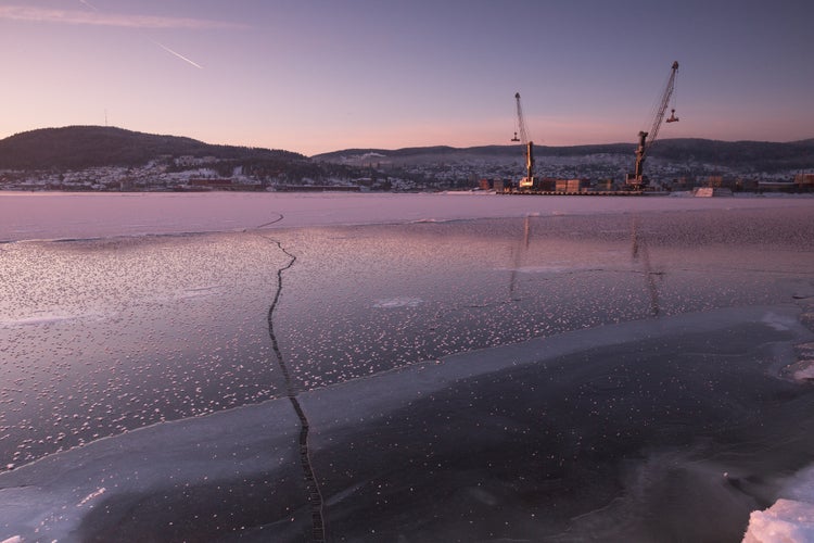 photo of frozen Drammen fjord in January in Norway.