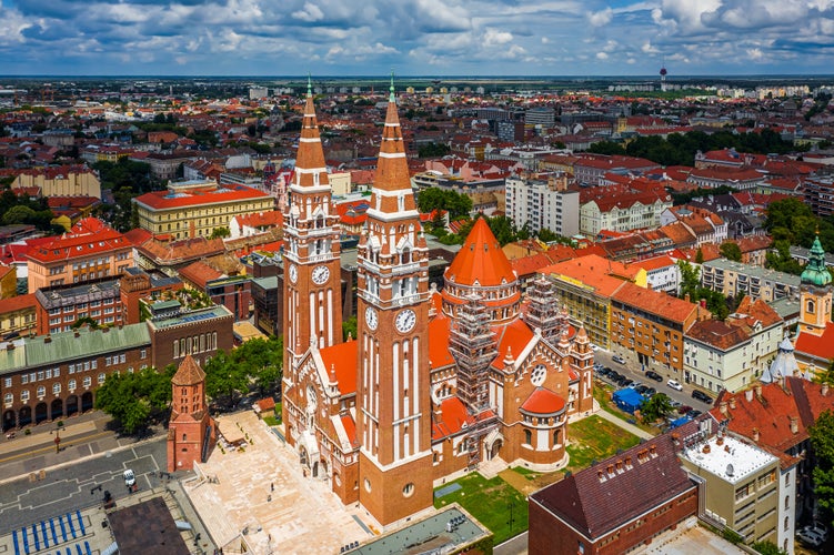 Aerial view of the Votive Church and Cathedral of Our Lady of Hungary .