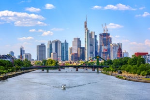 Photo of beautiful aerial view of Frankfurt at sunset Germany financial district skyline.