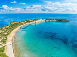 Photo of aerial view of famous sea turtle hatching area of Laganas as seen from Agios Sostis, Zakynthos island, Ionian Greece.