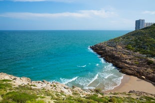 Photo of aerial view from a hill on a Spanish resort city Cullera, Spain.