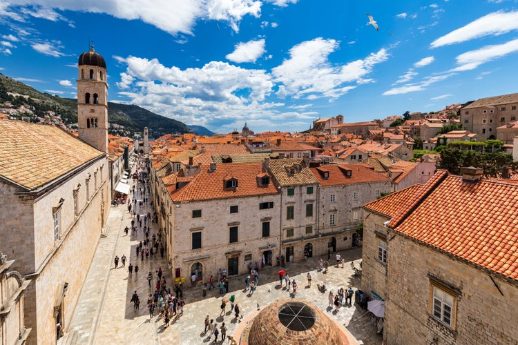 Photo of aerial view of old city center of famous town Dubrovnik, Croatia.